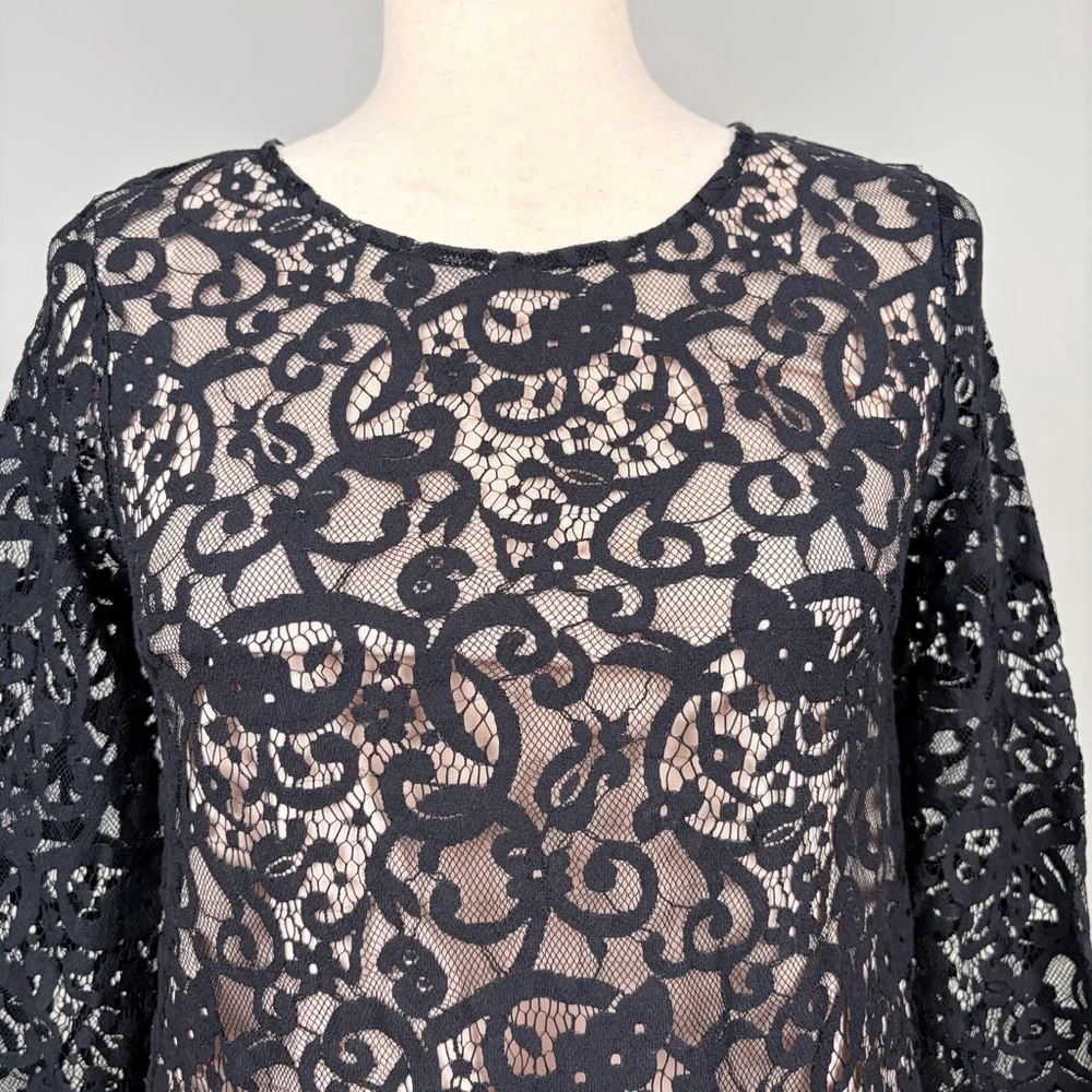 H&M Black Lace Sheer‎ Blouse 3/4 Sleeve Button Back XS